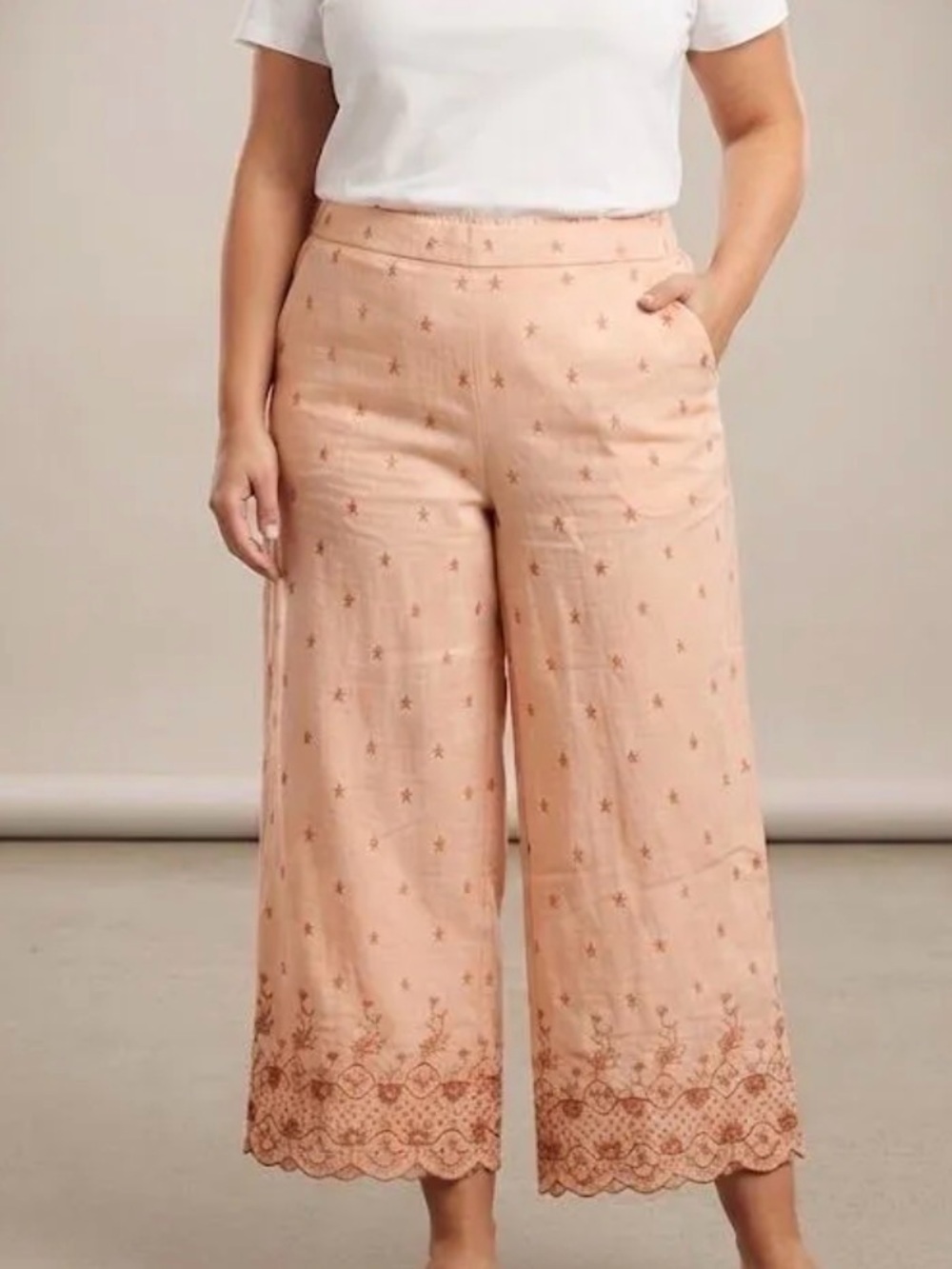 Embroidered Peach Wide-Leg Crop Pants